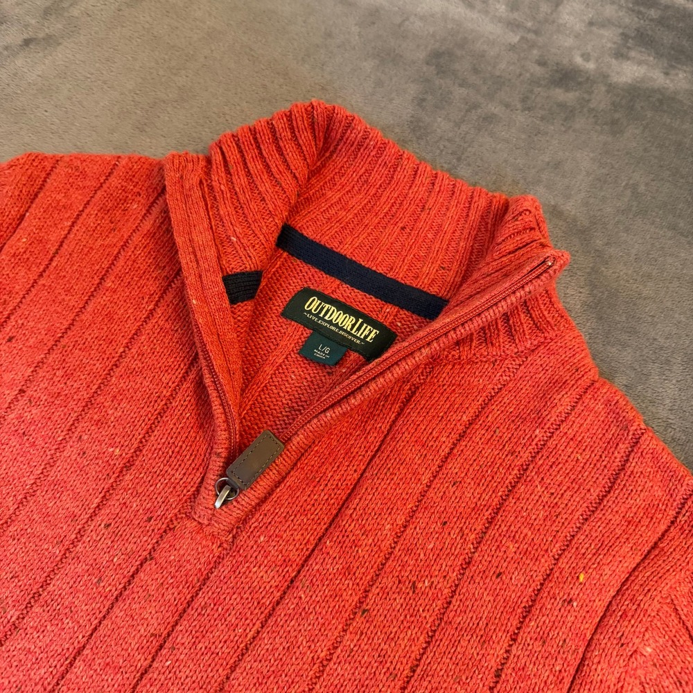 Outdoor Life Quarter Zip Sweater Mens Large Red Orange Ribbed Knit Pullover
